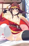  bandages bed belt black_hair black_legwear blush bow bow_panties breasts collarbone dress embarrassed fat_mons fingerless_gloves gloves hat homu_(seven_deadly_sins) indoors kono_subarashii_sekai_ni_shukufuku_wo! looking_at_viewer megumin nipples no_bra on_bed panties pussy red_eyes short_hair single_thighhigh sitting skirt small_breasts solo spread_legs thighhighs uncensored underwear witch_hat 