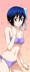  ass_visible_through_thighs bikini blue_bow blue_hair blue_ribbon bow breasts cleavage collarbone cowboy_shot hair_between_eyes hair_bow hair_ribbon looking_at_viewer medium_breasts mole mole_under_eye navel nisekoi purple_bikini red_eyes ribbon short_hair side-tie_bikini smile solo standing strapless strapless_bikini swimsuit tsugumi_seishirou underboob 