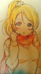  ayase_eli blonde_hair blue_eyes blush breath long_sleeves looking_at_viewer love_live! love_live!_school_idol_project murota_yuuhei parted_lips photo ponytail red_scarf scarf scrunchie sketch solo traditional_media upper_body white_scrunchie 
