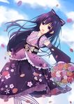  2017 :d absurdres bow character_name cloud cloudy_sky date_a_live day detached_sleeves dutch_angle floating_hair hair_bow happy_birthday highres japanese_clothes kimono long_hair looking_at_viewer mo_(pixiv9929995) open_mouth outdoors purple_bow purple_eyes purple_hair purple_kimono sky sleeveless sleeveless_kimono smile solo standing striped striped_legwear vertical-striped_legwear vertical_stripes very_long_hair yatogami_tooka 