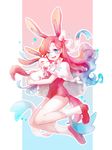  :d animal animal_ears blue_eyes cape closed_eyes gen_6_pokemon highres holding holding_animal holding_pokemon looking_at_viewer mary_janes moemon mooooong1008 open_mouth personification pink_footwear pink_hair pokemon pokemon_(creature) ribbon shoes smile sylveon tail white_legwear 