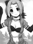  1girl antenna_hair arms_up beaver_ears bikini_top blush breasts cleavage collarbone elbow_gloves fur_collar gloves greyscale hair_ornament hairclip jacket kemono_friends looking_at_viewer medium_breasts monochrome navel north_american_beaver_(kemono_friends) open_clothes open_jacket sakaki_imasato short_sleeves sky smile solo stomach tree upper_body 