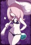  =3 bare_arms bare_shoulders beaker bikini black_ribbon breasts bright_pupils cowboy_shot groin hair_over_one_eye half-closed_eyes holding_mushroom little_witch_academia long_hair looking_at_viewer mushroom navel nollety open_mouth outline pale_skin pink_eyes pink_hair purple_background purple_bikini ribbon small_breasts solo stomach sucy_manbavaran swimsuit thigh_gap white_outline white_pupils 