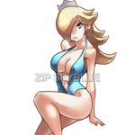  bare_shoulders blonde_hair blue_eyes breasts crown hair_over_one_eye highres large_breasts long_hair mario_(series) navel rosetta_(mario) ryukenden solo super_mario_bros. super_mario_galaxy swimsuit white_background 