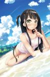  beach black_hair blue_sky blurry blurry_background blush bottomless breasts cloud collarbone day finger_to_mouth hair_ribbon highres index_finger_raised kuro_neko_(yxmikan) long_hair looking_at_viewer lying on_side one_side_up original outdoors ribbon shiny shiny_hair shirt sky sleeveless sleeveless_shirt small_breasts smile solo very_long_hair water wet wet_clothes wet_shirt white_ribbon white_shirt yellow_eyes 
