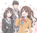  2girls ayukko_(forest_village) blazer blush brown_eyes brown_hair cardigan cherry_blossoms formal green_eyes hand_in_pocket idolmaster idolmaster_cinderella_girls jacket long_hair multiple_girls necktie one_side_up open_mouth petals producer_(idolmaster_cinderella_girls_anime) school_uniform shibuya_rin shimamura_uzuki 