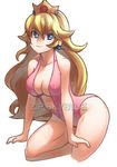  absurdres blue_eyes breasts crown highres long_hair looking_at_viewer mario_(series) navel princess_peach ryukenden smile solo super_mario_bros. swimsuit 