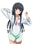  black_hair blue_eyes blush bottomless breasts cleavage collarbone cowboy_shot dress_shirt head_tilt long_hair looking_at_viewer minamiya_natsuki naked_shirt open_clothes open_shirt parted_lips shirt small_breasts solo standing strike_the_blood transparent_background white_shirt 