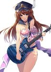  bangs bead_bracelet beads bikini blue_eyes bracelet braid breasts brown_hair cowboy_shot electric_guitar eyebrows_visible_through_hair feathers floating_hair frilled_bikini frills granblue_fantasy guitar hat hat_feather highres holding holding_instrument instrument jewelry lecia_(granblue_fantasy) long_hair looking_at_viewer medium_breasts open_mouth peaked_cap pink_bikini police_hat polka_dot simple_background smile solo swimsuit ultone_(neisiss) white_background 