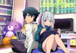  1girl absurdres aqua_eyes black_hair blush book bow closed_mouth curtains eromanga_sensei from_behind green_hood headphones highres hood hooded_jacket izumi_masamune izumi_sagiri jacket kanzaki_hiro kobayashi_shinpei long_sleeves looking_at_viewer looking_back no_pants notebook official_art pink_bow purple_eyes scan short_hair silver_hair smile socks stuffed_animal stuffed_toy sweater_vest tablet_pc television thighs 