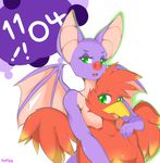  2017 anthro avian banjo-kazooie bat beak bird breasts breegull crossover duo female fluffbug green_eyes kazooie laylee mammal nude purple_skin simple_background smug text video_games yooka-laylee 