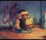  blonde_hair book chinese_clothes commentary covering_another's_eyes crayon drawing english fox hat heart junko_(touhou) koto_inari letterboxed long_hair multiple_tails rug sitting smile tail touhou vase very_long_hair wall 