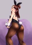  1girl akko_kagari ass bare_shoulders bareback blush breasts brown_hair bunny_ears bunny_tail bunnysuit fishnet_stockings from_behind highres kagari_atsuko legs lips little_witch_academia looking_back open_mouth pink_lips red_eyes sideboob sidelocks solo 