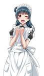  ;d alternate_costume apron bangs blue_hair blunt_bangs blush commentary_request enmaided holding holding_tray long_hair looking_at_viewer love_live! love_live!_sunshine!! maid maid_apron maid_headdress one_eye_closed open_mouth purple_eyes short_sleeves side_bun simple_background smile solo tray tsushima_yoshiko white_background yopparai_oni 