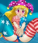  alternate_legwear american_flag_dress ass bangs blonde_hair breasts clownpiece covering covering_crotch dress fairy_wings hat jester_cap large_breasts long_hair looking_at_viewer microdress neck_ruff pink_eyes polka_dot school_swimsuit short_sleeves sitting solo spread_legs star star_print striped striped_dress striped_legwear swimsuit swimsuit_under_clothes thighhighs touhou upskirt wings winn 
