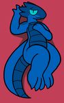  2017 aliasing anthro digital_media_(artwork) female flat_chested kobold lolori looking_at_viewer lying nude on_back reptile scalie simple_background slightly_chubby smile solo trout_(artist) 