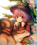  bangs blush bowl bowl_hat collarbone commentary_request flower food_in_mouth hat highres japanese_clothes kimono leaf minigirl mouth_hold purple_hair red_eyes short_hair squirrel sukuna_shinmyoumaru touhou yudaoshan 