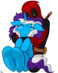  blush cute deadpool duo equine fan_character female hair happy hoi~poi horn hug human male mammal marvel melee_weapon multicolored_hair sword two_tone_hair unicorn weapon 