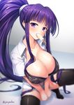  bad_anatomy bangs black_bra black_legwear blunt_bangs blurry blush bra breasts breasts_outside collarbone depth_of_field eiken food food_in_mouth lace lace-trimmed_bra large_breasts long_hair looking_at_viewer misono_kirika open_clothes open_shirt pochadon popsicle purple_eyes purple_hair shirt shirt_tug solo squatting thighhighs tongue tongue_out twitter_username underwear white_shirt 