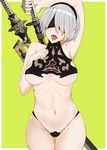  arm_up black_blindfold blindfold breasts facing_viewer green_background highres illusionk katana large_breasts mole mole_under_mouth navel nier_(series) nier_automata short_hair silver_hair simple_background skindentation solo sword thigh_gap thighs tongue weapon yorha_no._2_type_b 