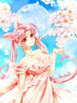  bare_shoulders bishoujo_senshi_sailor_moon blue_background breasts cherry_blossoms chibi_usa cleavage closed_mouth collarbone cowboy_shot crescent double_bun dress earrings facial_mark forehead_mark full_moon hair_ornament hairpin jewelry long_hair looking_at_viewer medium_breasts moon older petals pink_dress pink_hair red_eyes shirataki_kaiseki signature small_lady_serenity smile solo twintails 