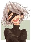  :d bad_id bad_pixiv_id bangs black_dress black_hairband blindfold blindfold_slip blush closed_mouth commentary dress facing_viewer hair_over_one_eye hairband juliet_sleeves long_sleeves nier_(series) nier_automata no_mole one_eye_covered open_mouth puffy_sleeves round_teeth short_hair silver_hair smile solo suo_(sndrta2n) teeth turtleneck upper_body upper_teeth yorha_no._2_type_b 