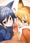  2girls animal_ears black_bow black_gloves black_neckwear blonde_hair blue_jacket blush bow bowtie brown_eyes censored clothed_female_nude_male erection eyebrows_visible_through_hair ezo_red_fox_(kemono_friends) fellatio ffm_threesome fox_ears fox_girl gloves gradient_hair grey_hair group_sex heart hetero highres jacket kemono_friends licking licking_penis long_hair looking_at_viewer mosaic_censoring multicolored_hair multiple_girls muoto nude oral orange_jacket penis penis_grab pov saliva silver_fox_(kemono_friends) simple_background sweatdrop threesome tongue tongue_out two-tone_hair white_background white_bow white_neckwear 