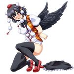  arms_behind_back bdsm black_hair black_legwear black_skirt black_wings blush bondage bound breasts commentary_request feathered_wings full_body geta hat looking_at_viewer medium_breasts ootsuki_wataru pointy_ears pom_pom_(clothes) puffy_short_sleeves puffy_sleeves red_eyes red_footwear shameimaru_aya shibari shibari_over_clothes shoes short_hair short_sleeves skirt skirt_removed solo thighhighs tiptoes tokin_hat touhou transparent_background wings 