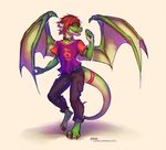  3_toes 5_fingers anthro barefoot brown_hair clothed clothing collar digitigrade dragon hair lukiri male membranous_wings open_mouth smile solo teeth toes tongue wings 