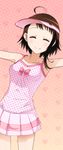  ahoge armpits brown_hair closed_eyes collarbone miniskirt nisekoi onodera_kosaki outstretched_arms pink_shirt pink_skirt pleated_skirt polka_dot polka_dot_shirt shirt short_hair skirt sleeveless sleeveless_shirt smile solo visor_cap 