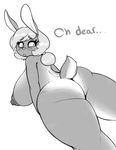  anthro big_breasts big_butt blush breasts butt dialogue dutch_angle english_text eyelashes female greyscale hair huge_breasts lagomorph looking_back mammal mcsweezy monochrome nipples nude open_mouth rabbit solo text thick_thighs 