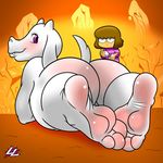  2017 big_butt boss_monster butt caprine fangs feet female goat invalid_tag lazerzoid_(artist) lotion mammal mature_female nude protagonist_(undertale) purple_eyes raised_tail smile toriel undertale video_games 