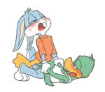  anthro avian bird blush bottomless buster_bunny clothed clothing cub duck duo lagomorph male male/male mammal plucky_duck rabbit tiny_toon_adventures warner_brothers young zehn 