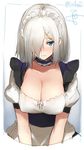 alternate_costume apron artist_name blue_eyes blush breasts choker cleavage collarbone embarrassed hair_ornament hair_over_one_eye hairclip hamakaze_(kantai_collection) isshiki_(ffmania7) kantai_collection large_breasts looking_at_viewer maid_headdress silver_hair sketch solo twitter_username waist_apron wavy_mouth 