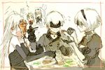  3boys adam_(nier_automata) apple bad_id bad_pixiv_id blindfold blush breasts choker chopsticks dress eating elbow_gloves eve_(nier_automata) feeding fish food fork fruit gloves ichinose777 juliet_sleeves long_hair long_sleeves medium_breasts multiple_boys multiple_girls nier_(series) nier_automata open_mouth puffy_sleeves short_hair sketch smile tank_top translation_request white_background white_hair yorha_no._2_type_b yorha_no._9_type_s yorha_type_a_no._2 