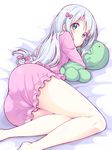  ass bangs bed bloomers blouse blue_eyes blue_hair blush closed_mouth eromanga_sensei eyebrows_visible_through_hair frills hair_ribbon highres izumi_sagiri legs legs_folded legs_together long_hair looking_at_viewer lying object_hug on_side pajamas pillow pillow_hug pink_blouse pink_pajamas ribbon silver_hair solo stuffed_animal stuffed_octopus stuffed_toy thighs underwear yamabuki_zarame 