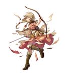  apron arrow back blonde_hair boots bow bow_(weapon) bracelet braid brown_eyes brown_footwear capelet effie_(fire_emblem) fire_emblem fire_emblem_echoes:_mou_hitori_no_eiyuuou fire_emblem_heroes full_body highres injury jewelry knee_boots konfuzikokon long_hair official_art one_eye_closed quiver simple_background solo torn_boots torn_clothes twin_braids weapon white_background 