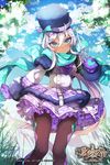  age_of_ishtaria blue_eyes bow company_name copyright_name dark_skin full_body fur_trim gloves grass hair_between_eyes hat highres kanola_u leaf long_hair official_art pantyhose scarf shalgiel sky snowflakes solo tree wand white_hair 