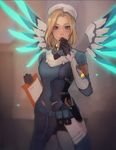  alternate_costume alternate_hairstyle armband artist_name backlighting black_gloves blonde_hair blue_bodysuit blue_eyes blue_wings blurry blurry_background blush bodysuit breasts combat_medic_ziegler cowboy_shot gloves glowing glowing_wings hand_to_own_mouth hat heart holding indoors long_sleeves looking_at_viewer making_of matilda_vin mechanical_wings medium_breasts mercy_(overwatch) overwatch pliers pouch short_hair signature smile solo spread_wings wings 