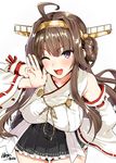  ;d artist_name blush breasts brown_hair detached_sleeves double_bun headgear kantai_collection kojima_saya kongou_(kantai_collection) large_breasts long_hair looking_at_viewer nontraditional_miko one_eye_closed open_mouth purple_eyes remodel_(kantai_collection) signature smile solo 
