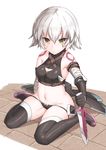  bandages bare_shoulders belt black_legwear black_panties blush breasts eiri_(eirri) fate/apocrypha fate_(series) gloves green_eyes hair_between_eyes holding holding_weapon jack_the_ripper_(fate/apocrypha) looking_at_viewer navel panties scar scar_across_eye short_hair silver_hair sitting small_breasts solo thighhighs underwear wariza weapon 