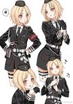  armband artist_request beamed_eighth_notes blonde_hair blush brown_eyes cowboy_shot eighth_note eyebrows_visible_through_hair german_clothes girls_frontline gloves hat iron_cross looking_at_viewer medal military military_uniform mp40_(girls_frontline) musical_note necktie pout short_hair skirt speech_bubble spoken_squiggle squiggle thigh_strap tongue tongue_out uniform 