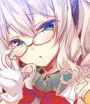  :o ? adjusting_eyewear blue_eyes blush eyebrows_visible_through_hair glasses kantai_collection kashima_(kantai_collection) looking_at_viewer mitsumomo_mamu open_mouth short_hair silver_hair solo speech_bubble spoken_question_mark twintails 