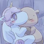  blue_eyes blush brown_fur capybara coal_(jewelpet) duo equine eyelashes eyes_closed female feral fur hair horn jewelpet kissing male mammal opal_(jewelpet) open_mouth purple_hair rodent sanrio simple_background smile sweat winged_unicorn wings なめこ/あじゅか 