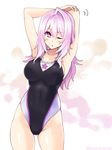  armpits arms_up black_swimsuit blush breasts cleavage competition_swimsuit covered_navel cowboy_shot cu-no hisenkaede large_breasts long_hair looking_at_viewer one-piece_swimsuit one_eye_closed pink_hair purple_eyes sketch solo stretch swimsuit yayoi_sakura 