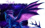  blue_scales claws dragon feral membranous_wings open_mouth purple_eyes scales selianth solo spines teeth wings 
