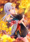  autumn blush braid china_dress chinese_clothes dress fang flower hair_ornament hairpin highres jewelry long_hair looking_at_viewer ornament silver_hair smile solo tied_hair traditional_clothes twintails vocaloid vocanese yellow_eyes yu_jiu yuezheng_ling 