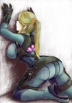  against_wall aqua_eyes arched_back arms_up ass blonde_hair bodysuit breast_press breasts from_side gloves glowing high_heels highres holster kneeling large_breasts looking_at_viewer looking_back metroid motoji_(hamayarawa) ponytail samus_aran shoulder_holster sideways_glance skin_tight solo thigh_holster zero_suit 