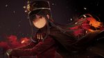  androgynous bangs black_hair cloak commentary_request fate/grand_order fate_(series) flower from_side hair_between_eyes hat koruta_(nekoimo) long_hair looking_at_viewer low_ponytail male_focus military military_uniform oda_nobukatsu_(fate/grand_order) peaked_cap petals red_eyes sidelocks solo spider_lily uniform upper_body 