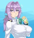  1girl bread breasts drinking drinking_straw female_admiral_(kantai_collection) food hair_between_eyes hair_ribbon highres holding holding_food impossible_clothes kanata_(evuoaniramu) kantai_collection large_breasts lavender_hair long_hair long_sleeves looking_at_viewer looking_to_the_side low_ponytail melon_bread military military_uniform mizuumi_(bb) pink_eyes ponytail revision ribbon simple_background solo uniform upper_body 